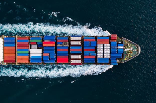 Container ship at sea, international shipping and customs