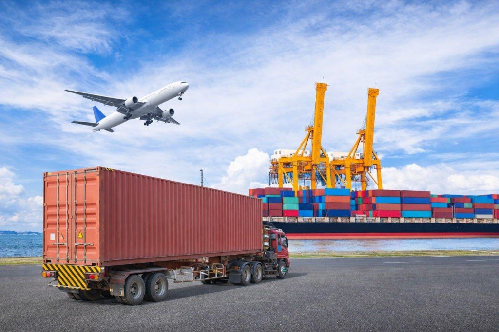 Port cranes, cargo ship, truck, and aircraft for multimodal logistics